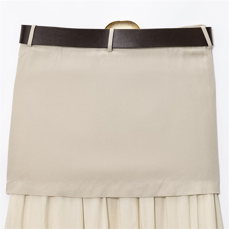 2025 Spring/Summer New Casual Women's Wear with Belt Splicing Midi Skirt Solid Color Versatile