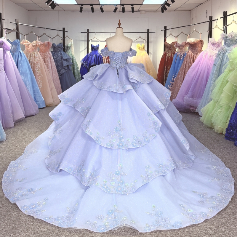 Blue Shiny Quinceanera Dresses Ball Gown Off The Shoulder Sequin Applique Lace Beading Crystal Tull Corset Sweet 16 Dress Vestidos 15 Anos