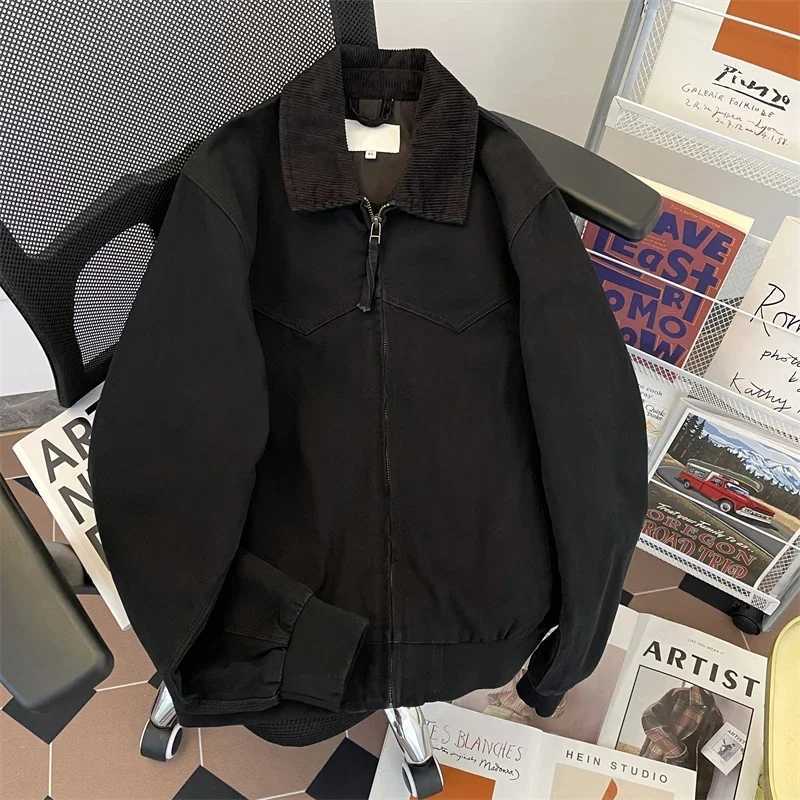 American Casual Workwear Jacket Mens Autumn Cleanfit Retro Lapel Zipper Up Coat Unisex Oversized Motorcycle Patchwork Jacket XJ250621