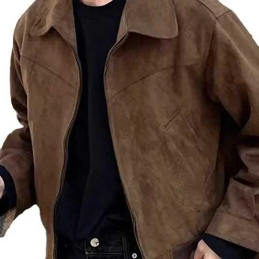 Mens Jacket Turn Down Collar Full Sleeve Jackets Solid Zipper Loose Fit Spliced Coats Casual Pockets Outerwear Autumn 2024 XJ250621