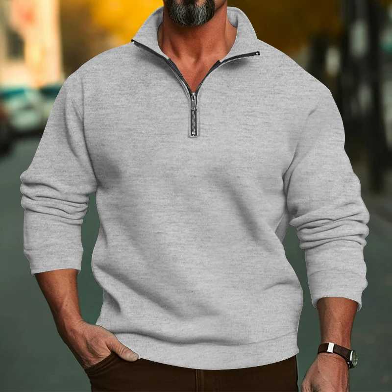 Autumn and winter Napped fabric mens casual long sleeve hoodie solid color half zip stand collar T-shirt top mens pullover Z250621