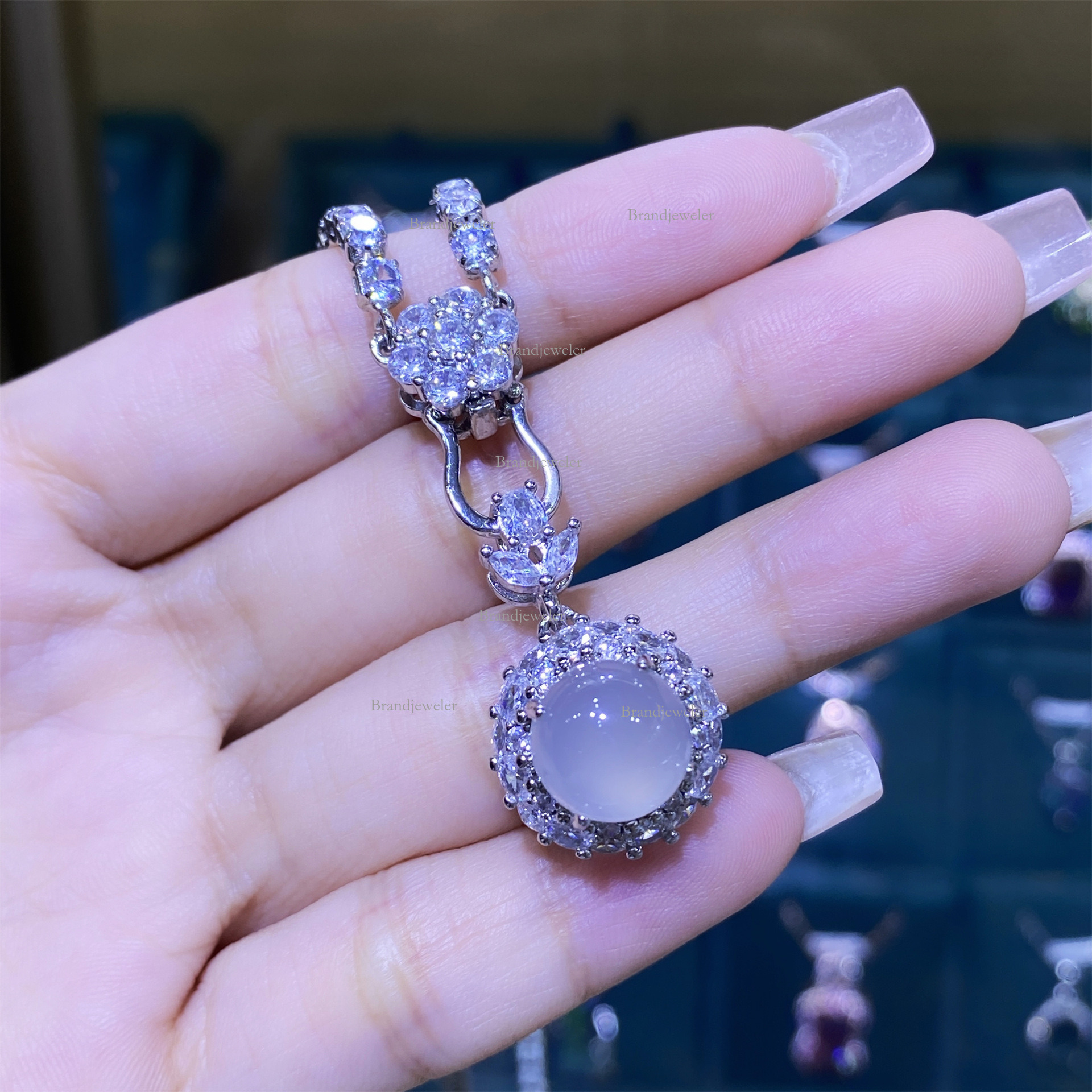 Natural Designer Necklace White Agate Free Delivery Oval Green 2025 New Model Agate Open Ring Women's Elegant Luxurious Pendant Earrings Three-pi