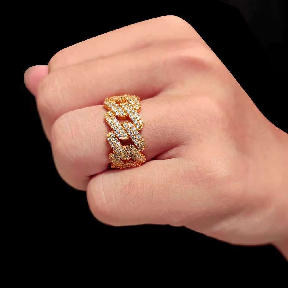 2022 New Arrival Hip Hop Real Gold Plated Brass Couple Finger Ring Iced Out Cuban Link Chain Ring for Men Fashion Jewelry