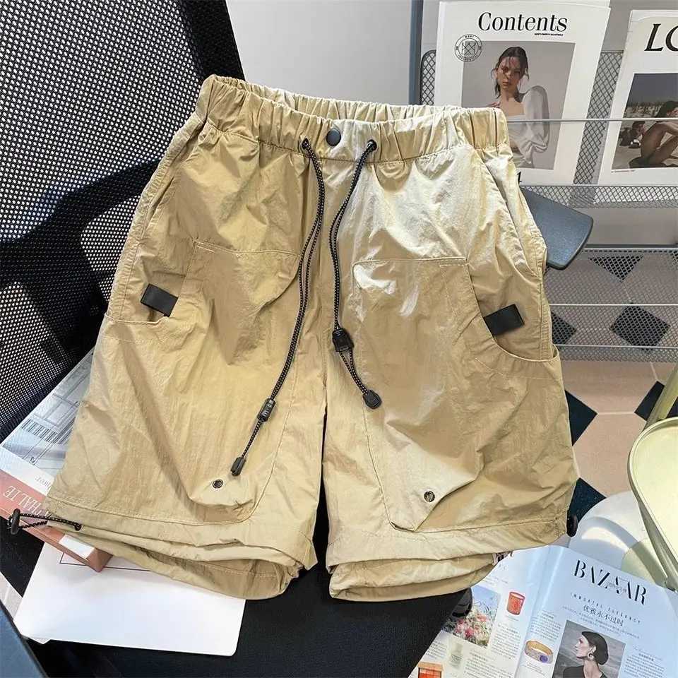 Male Short Pants Multi Pocket Khaki Loose Elastic Waist Mens Cargo Shorts Wide Japanese Street Style Streetwear Comfortable Y2k W250705