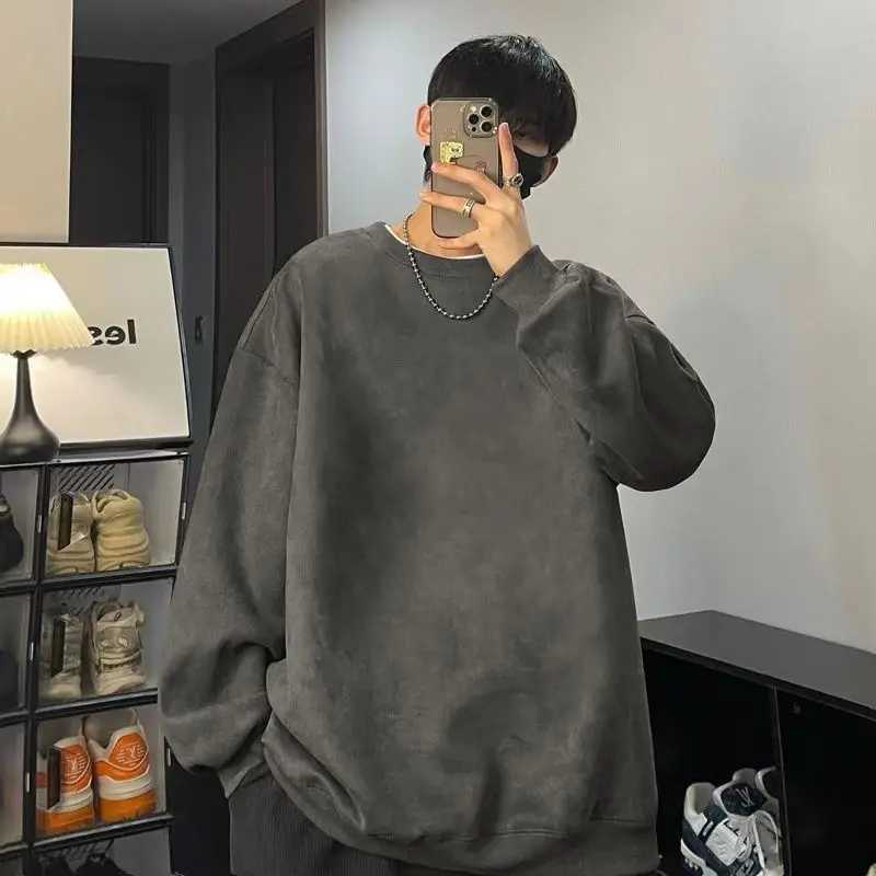 IMCRASY Mens Autumn Trendy Brand Trend Youth Simple Suede Round Neck Solid Color Sweatshirt Loose T-shirt XJ250621