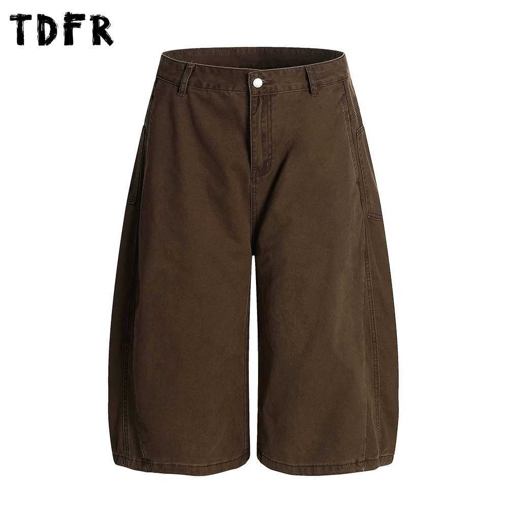 Retro Simple Solid Color Cargo Shorts Mens Summer Streetwear Loose Wide Leg Cropped Pants Men W250621