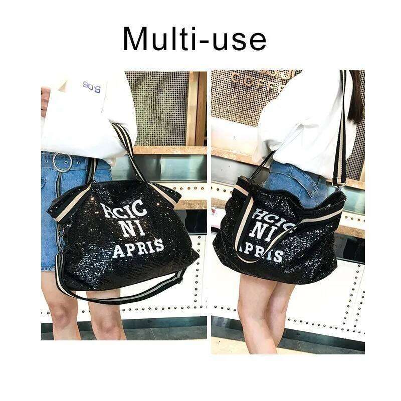 Casual Women Bling Sequins Shoulder Big Capacity Female Handbag For Lady Travel Large Tote Letter Printed Crossbody Bags