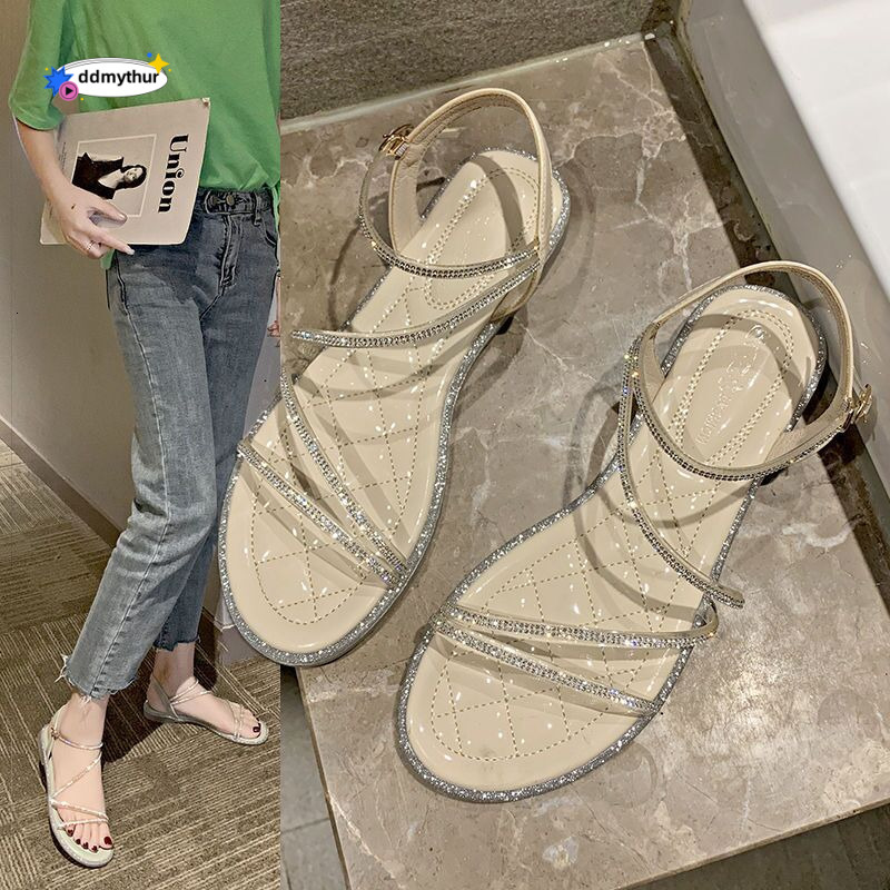 Women's Summer New Fairy Style One-Strap Rhinestone Flat Transparent Sole Outdoor Sandals Versatile Trendy ddmythur