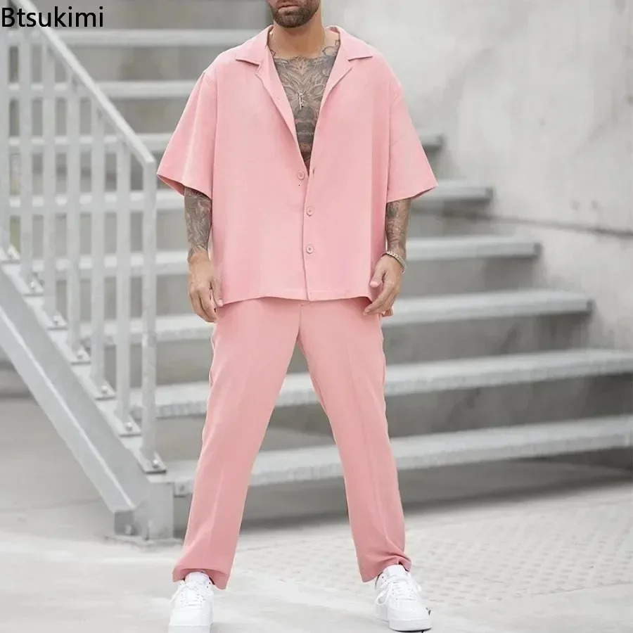 2025 Mens Casual 2PCS Pants Sets Fashion Lapel Shirt Top and Trousers Set Trendy Solid Blazer Pants Two Piece Set Clothing Male 250619