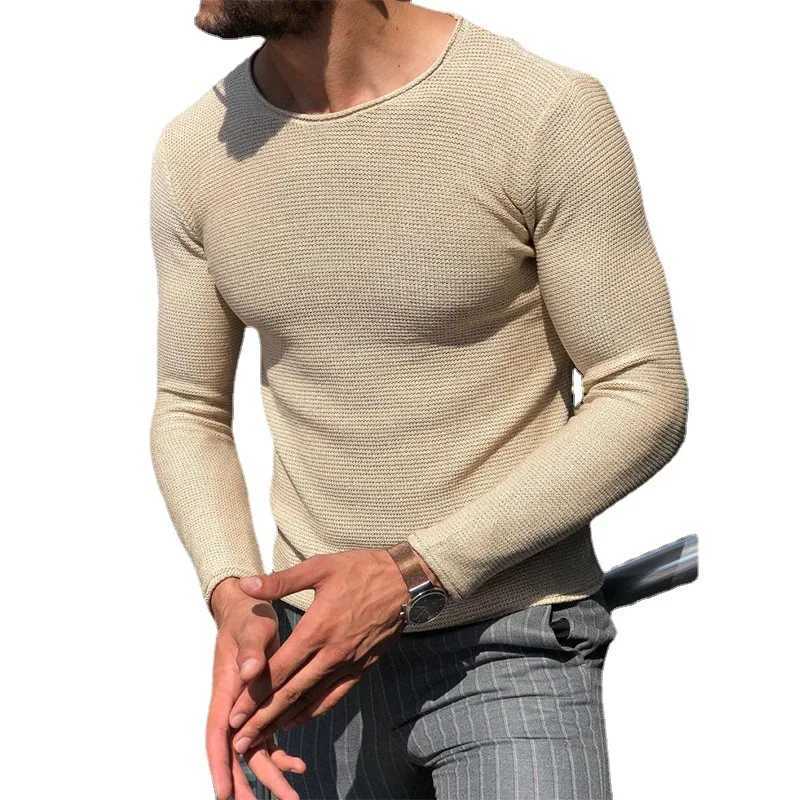 Mens sweater fashion mens casual round neCK sweater solid color slim fit long sleeved knitted pullover top Z250621