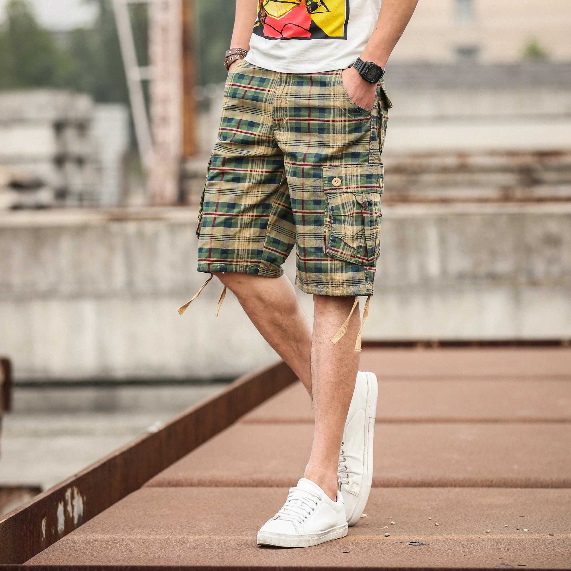 Mens Medium Pants Summer Cotton Comfortable Outdoor Sports Beach Pants Trend Plaid Shorts Loose Straight Large Size Cargo Pants W250621