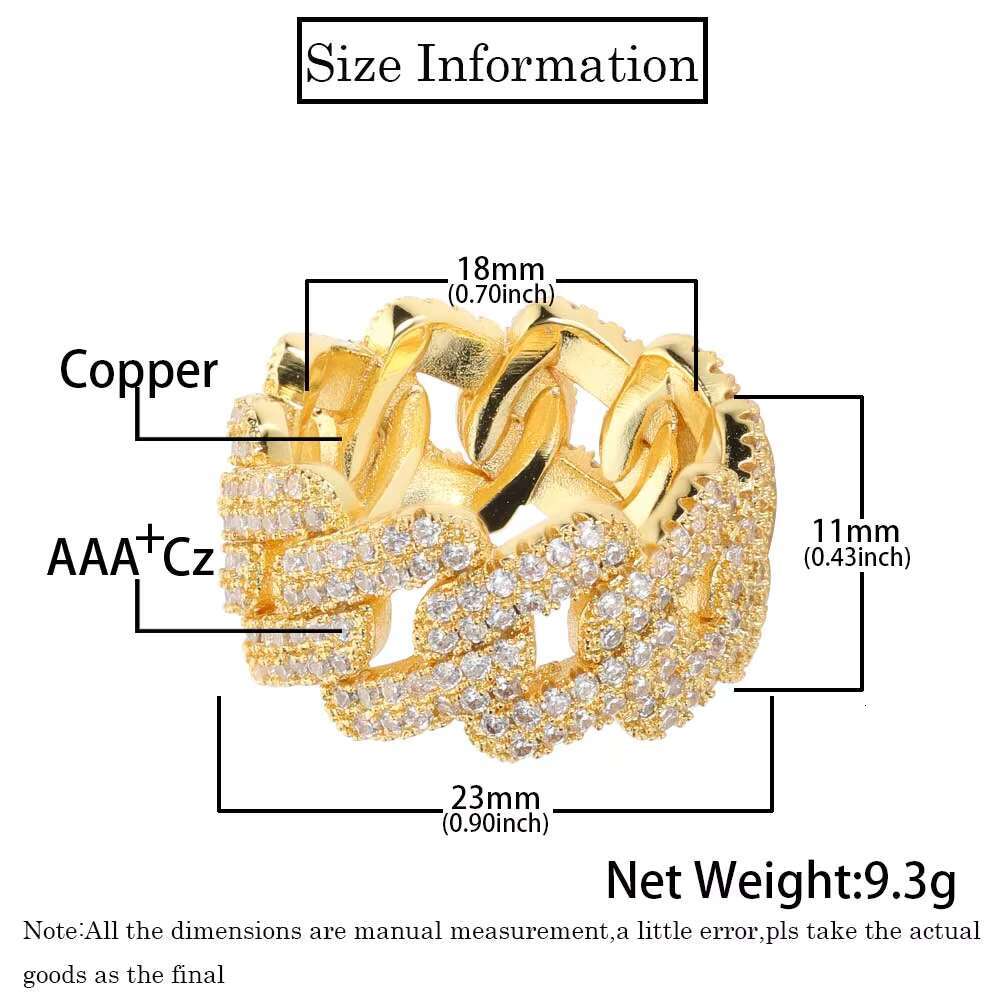 2022 New Arrival Hip Hop Real Gold Plated Brass Couple Finger Ring Iced Out Cuban Link Chain Ring for Men Fashion Jewelry