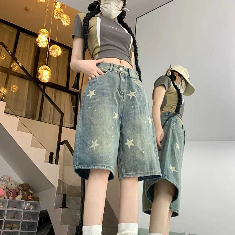 Neploe American Vintage Washed Star Denim Shorts Y2k High Waist Straight Wide Leg Jeans 2025 New Loose Knee-Length Pants W250621