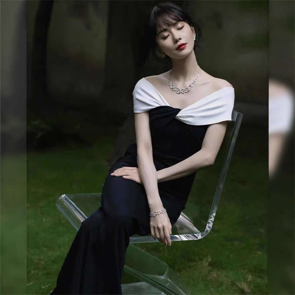 Long Dress Summer French Niche Design Liu Shishi Celebrity Same Style Fashion Color Block Off Shoulder Slim Fit Mermaid Long Dress Gown Sexy Long Skir