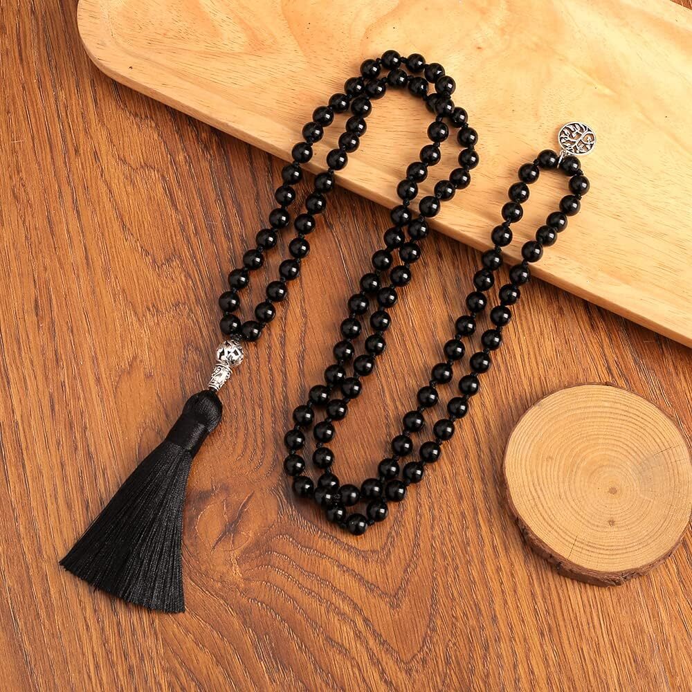 Attract Prosperity 108 Mala Prayer Beads Necklace Natural Stones Meditation Yoga Jewery 108 Hand Knotted Japa Mala Beaded Long Tassel Necklace Pendant