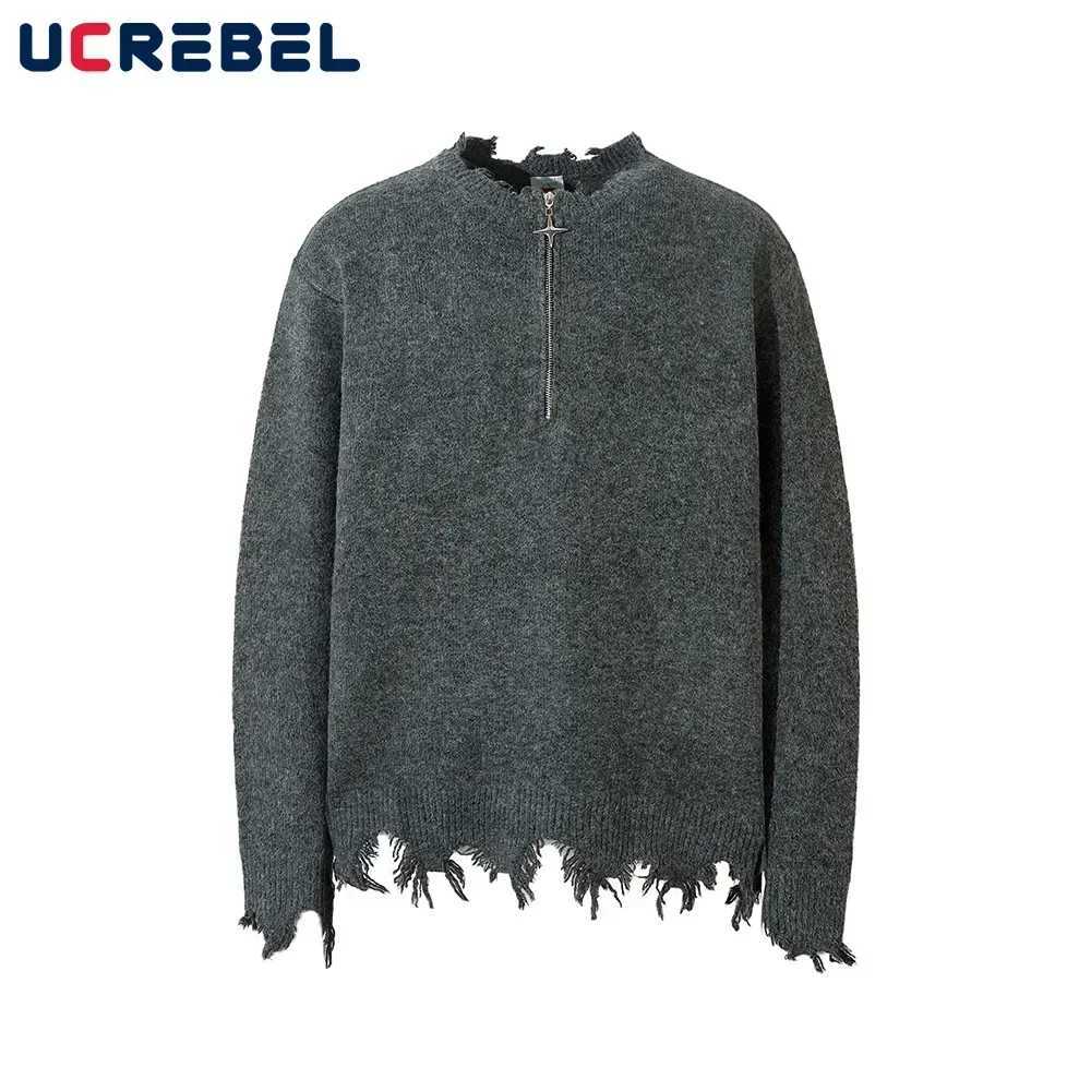 Raw Edge Knitted Sweater Mens Half Zipper Autumn Winter Loose High Street Long Sleeve Pullover Men Z250621