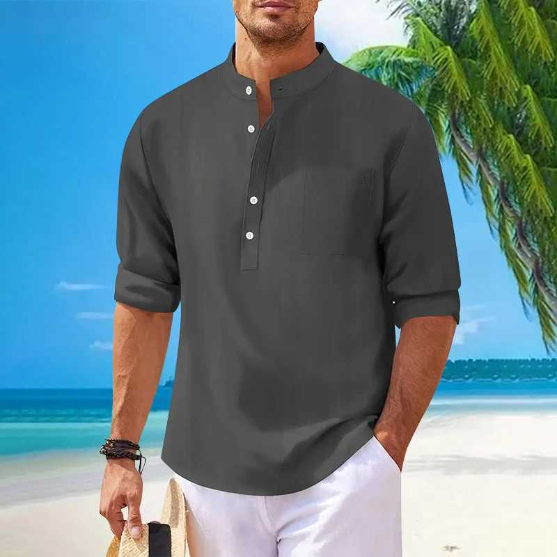 Cotton Linen Hot Sale Mens Long-Sleeved Shirts Spring Autumn ventilate Solid Color pocket Stand-Up Collar Casual Beach Style XJ250621