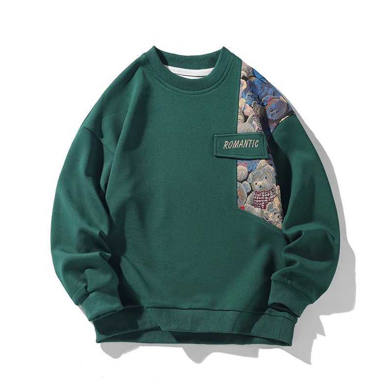 New Autumn Mens Pullover Sweatshirt Harajuku Embroidered Bear Pattern Loose Casual Round Neck Sweatshirts Unisex Fashion Hoodie XJ250621