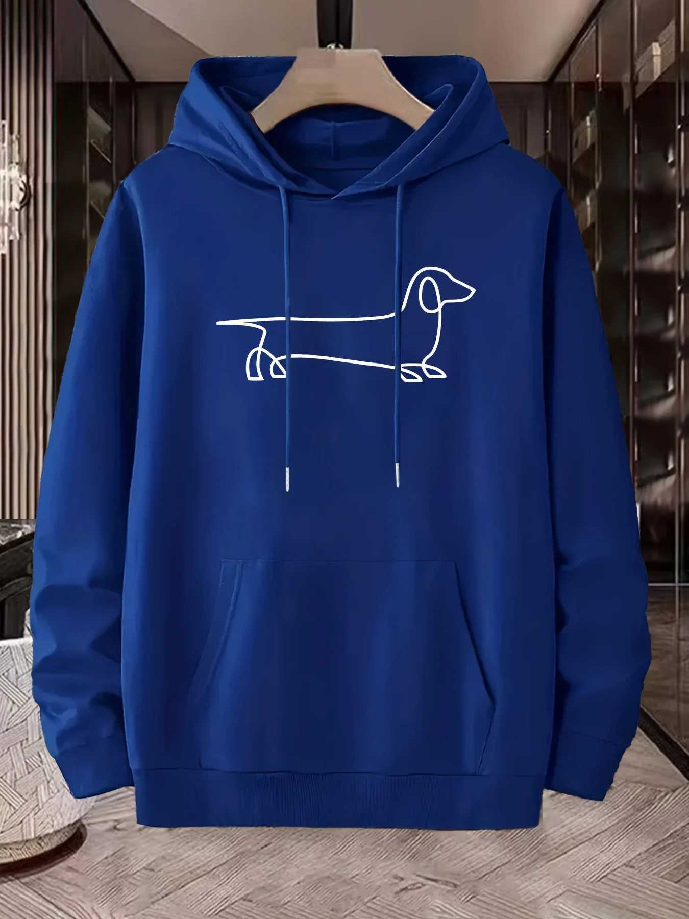 Mens Loose Hooded Sweatshirt - Geometric Dachshund Dog Print Hip-Hop Streetwear Style Autumn Winter Casual Pullover for Men XJ250621