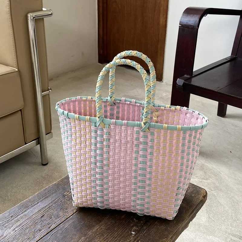 2024 New Vegetable Basket Summer Fashion PVC Handbag Hand Woven Bag Patchwork Striped Tote Beach Bags Purses and Handbags XJ250620