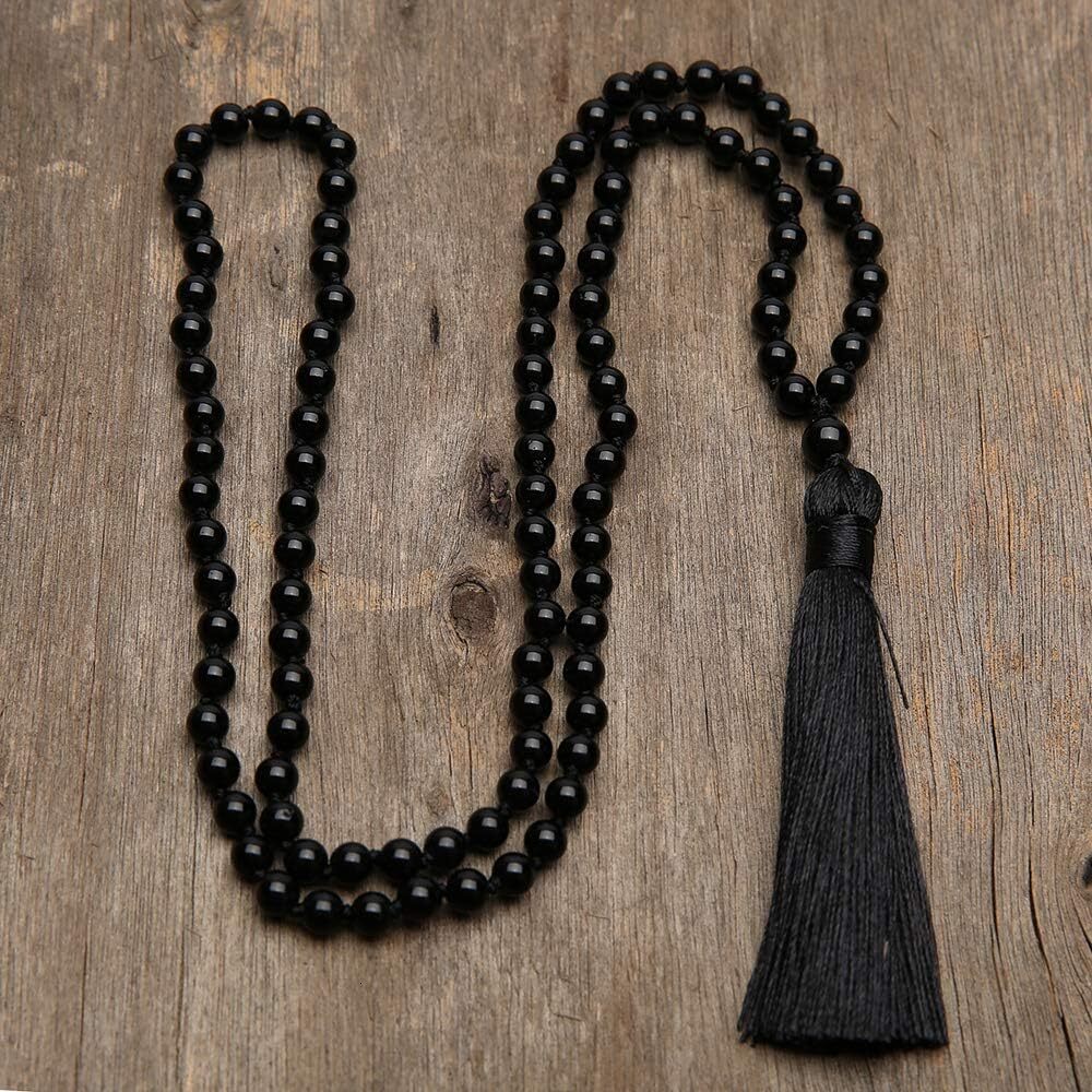 Luxury Attract Prosperity 8MM Beads Chakra Long Mala Necklace Natural Stone Meditation Statement Necklace Yoga Rosary Prayer Charm Beaded Tassel Neckl