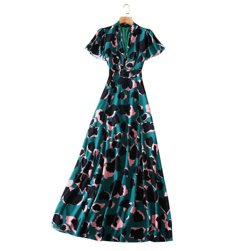Long Dress Star Style Spring Summer New Women S V Neck Short Sleeve Camouflage Print Waist Cinching Elegant Long Dress Sexy Long Skirt