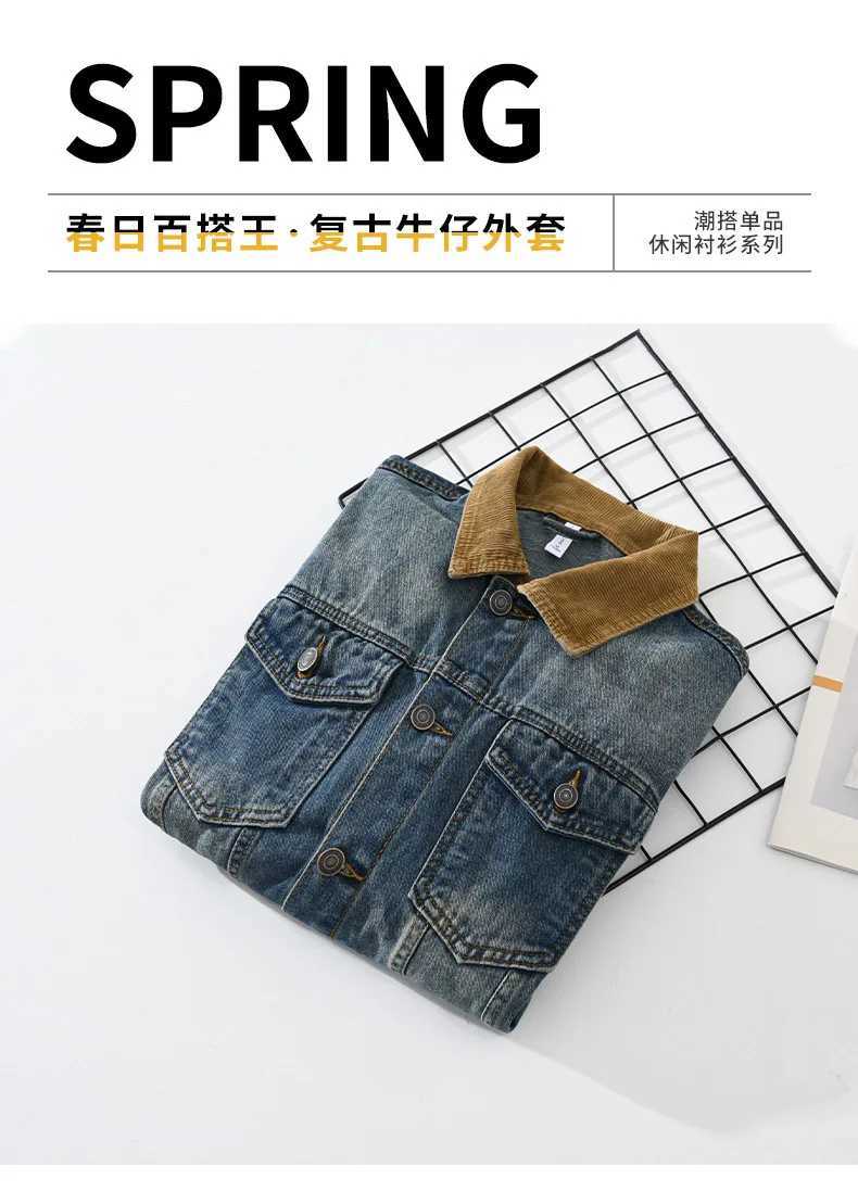 Patchwork Denim Jackets for Men Spring Autumn American Vintage Casual Workwear Youth Distressed Old Washed Jeans Tops Outerwear XJ250621