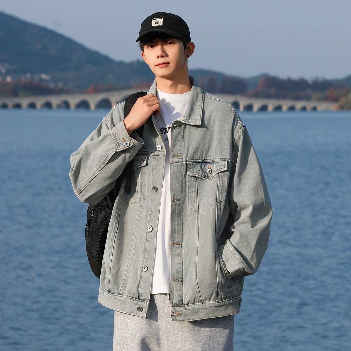 Denim Jacket Mens Casual Gangster Handsome American Tide Drop Shoulder Workwear Retro Versatile LapelsXJ250621
