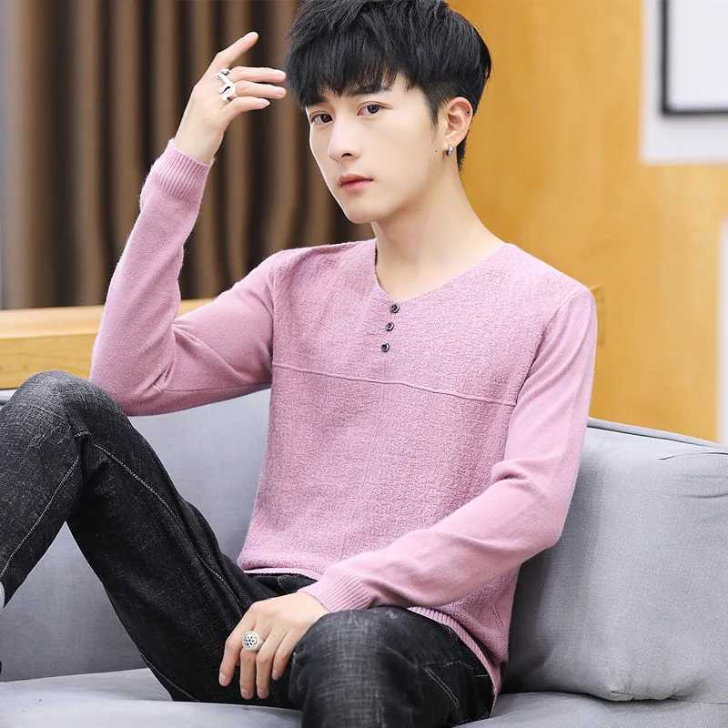 Fashion Solid Color V-Neck Knitted Button All-match Sweater Mens Clothing 2022 Autumn New Casual Pullovers Loose Korean Tops Z250621