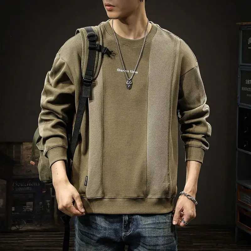 Spring Autumn Mens Trendy Vintage Patchwork Simple Casual Sweatshirt Male Round Neck Long Sleeve Loose All Match Pullover Tops XJ250621