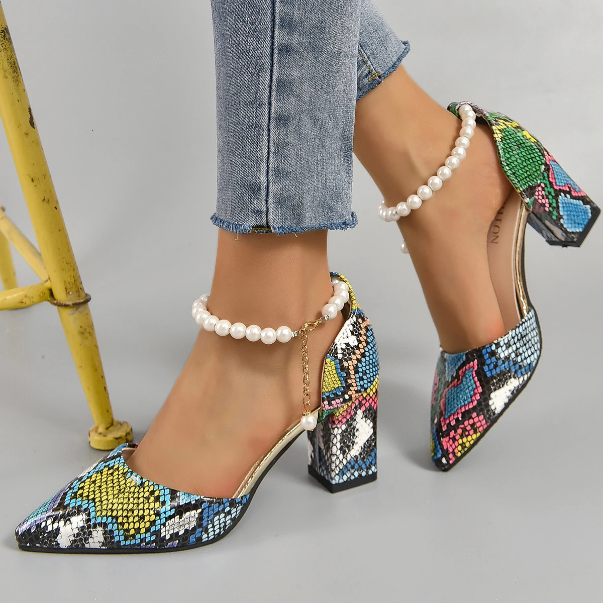 Aphixta Snake Pattern High Heel Sandals Summer Elegance Retro Womens Square Heel Sandals Size 33-46 Pearl Chain n 250617