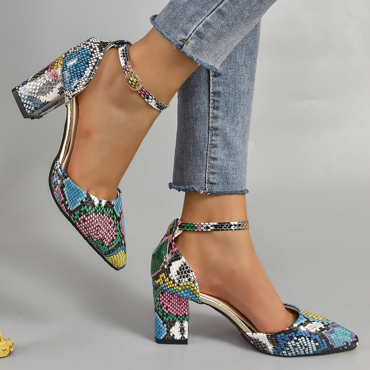 Aphixta Snake Pattern High Heel Sandals Summer Elegance Retro Womens Square Heel Sandals Size 33-46 Pearl Chain n 250617