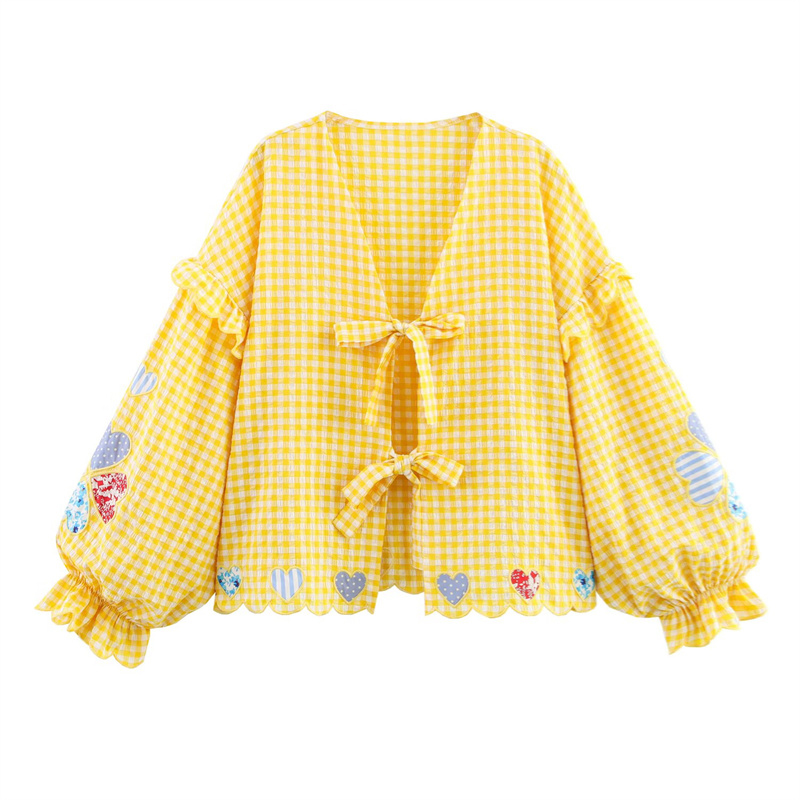 2025 Spring/Summer New Casual Women's Clothing Love Grid Embroidered Lace up Shirt with Bow Decoration