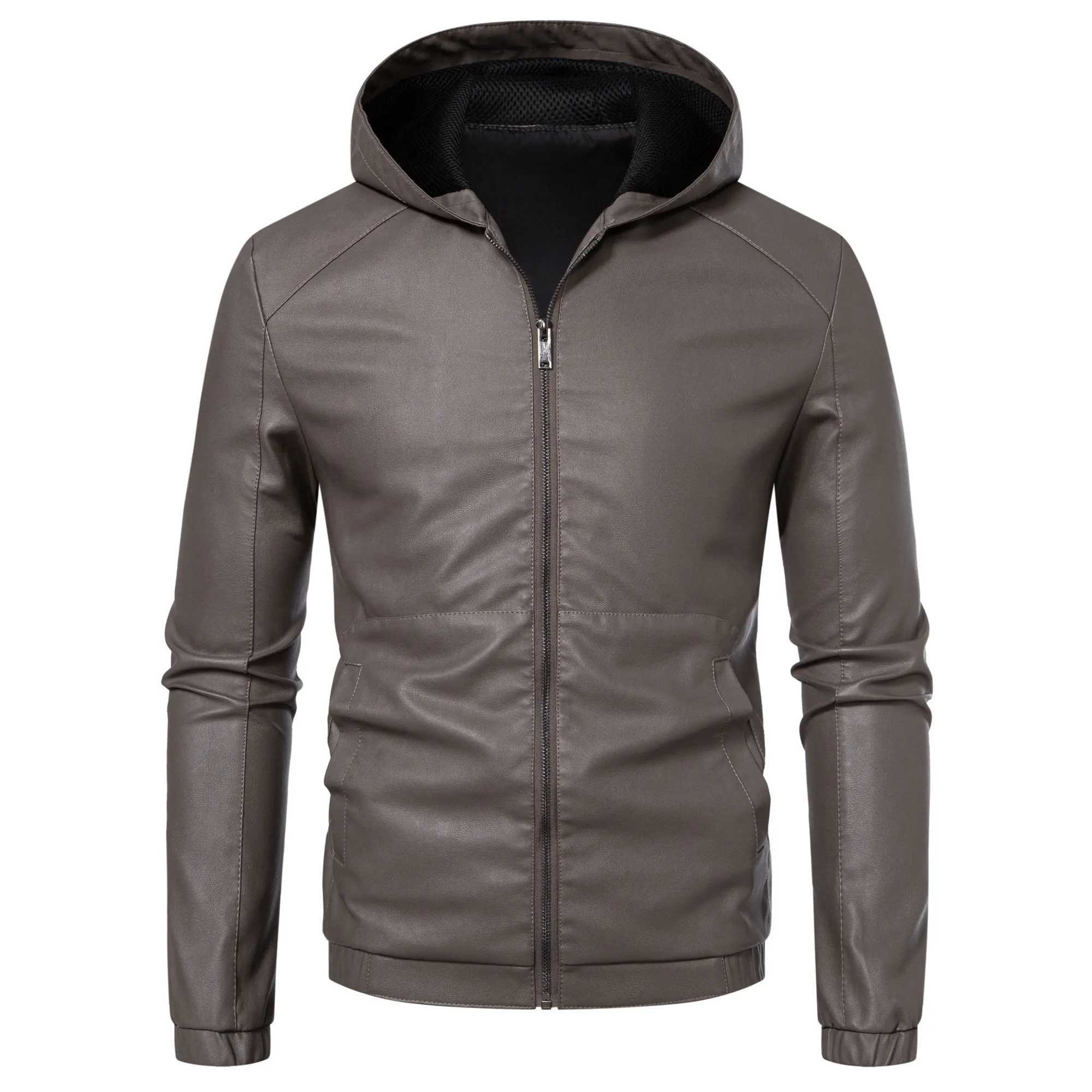 TRAF Autumn and Winter New Hooded Leather Mens Plus Fleece Thickened Slim Motorcycle PU Leather Youth CoatXJ250621