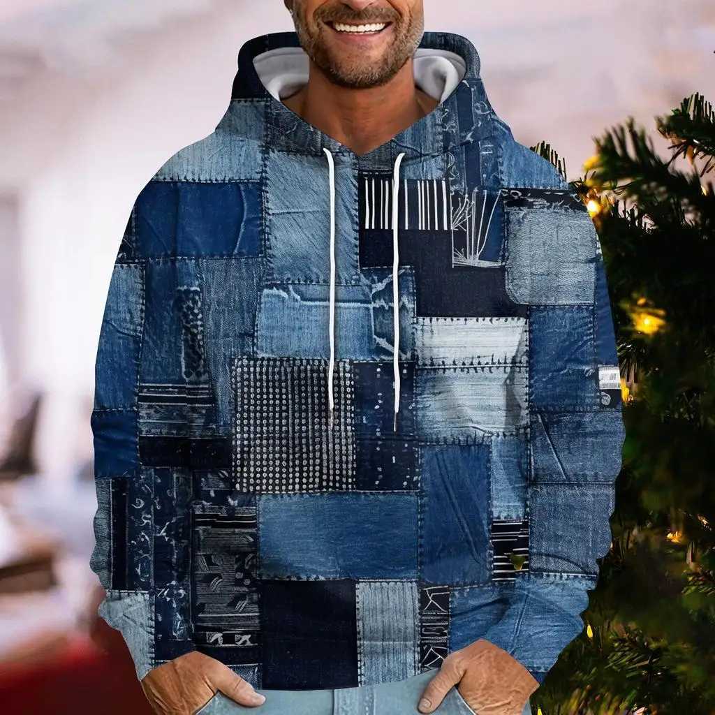 Denim Plaid Printed Mens Women Universal Hoodies Autumn Fashion Street Men Sweatshirts Casual Loose Men Clothing Tops HoodiesXJ250621