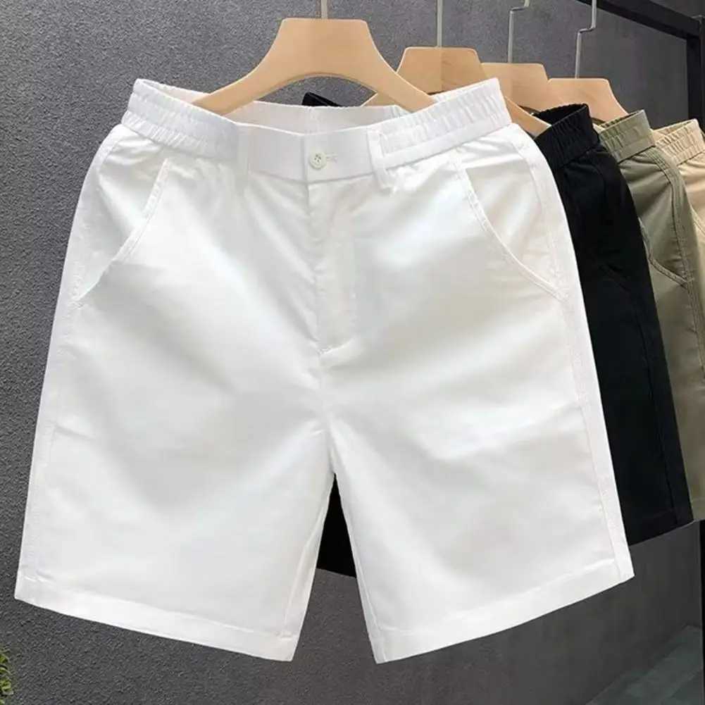 Men Elastic Waist Shorts Mens Summer Casual Shorts Mid-rise Elastic Waistband Beach Shorts Solid Color Straight Wide Leg Loose W250621
