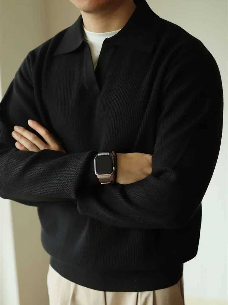 Fall Casual Sweater Mens Knitted Shirts Long Sleeve Turn-down Collar Jumper Tops Men Vintage Knitwear Solid Color Tops Z250621