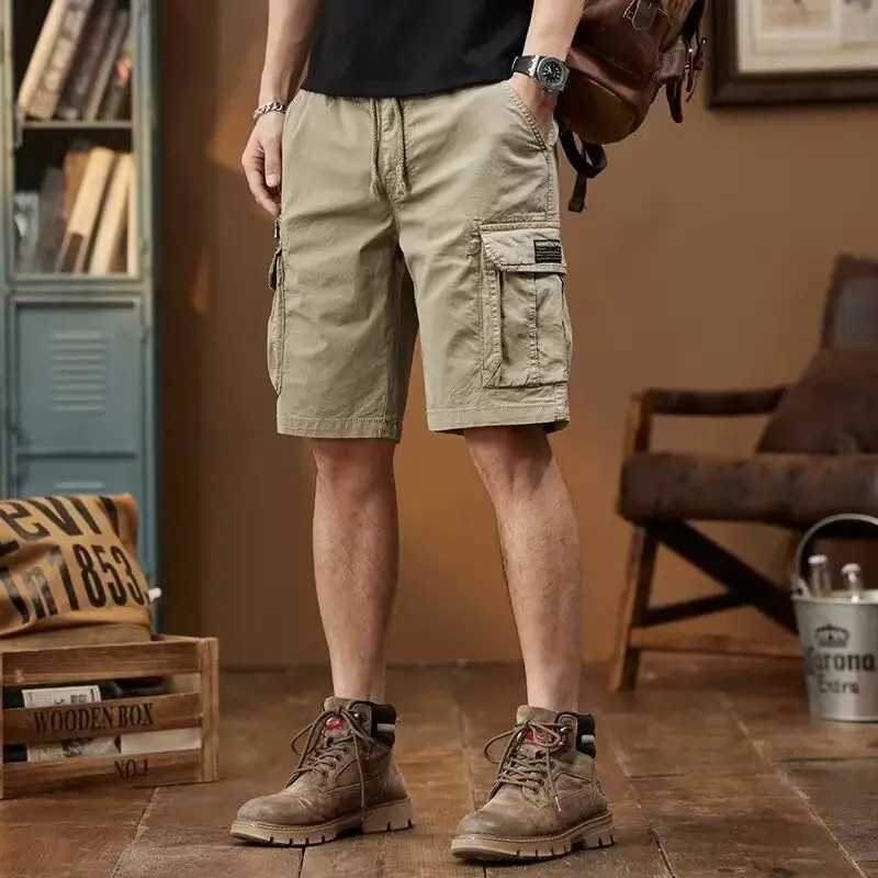 Mens Short Pants Elastic Waist Black Cotton Cargo Shorts with Pockets 2025 Fashion Y2k Summer Clothes Wide Popular New In W250621