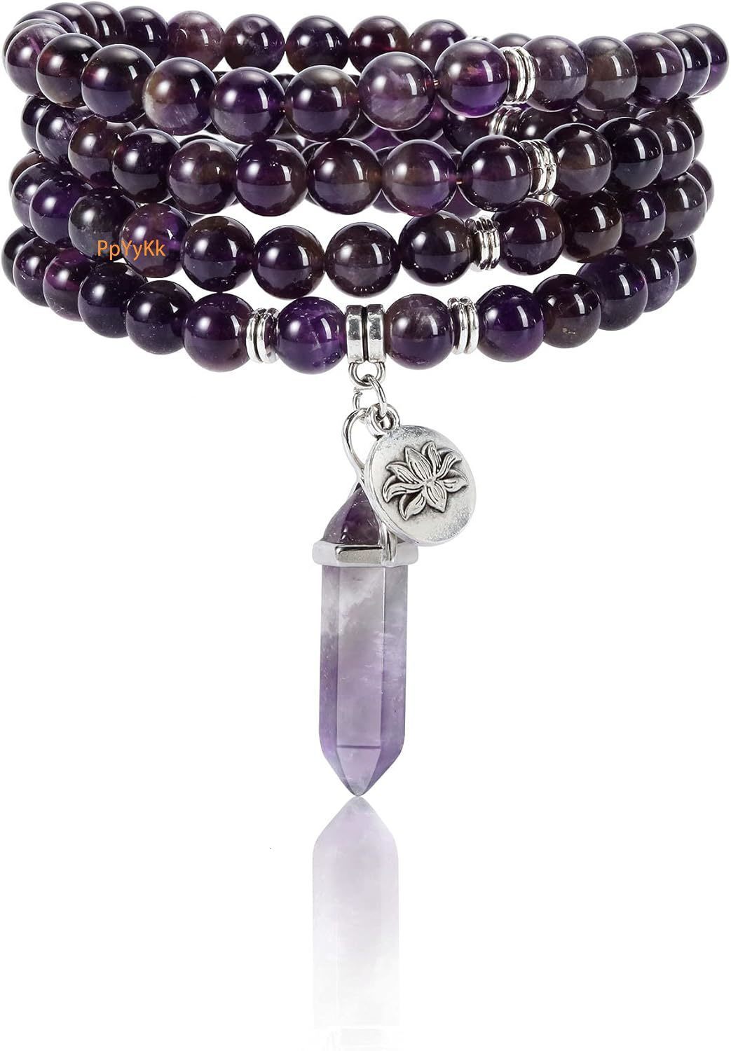 108 Mala Beads Bracelet 8mm Natural Amethyst Rose Quartz Healing Crystal Stone Mala Prayer Bead Necklace Hexagonal Prism Gemstone Reiki Pointed Pendan