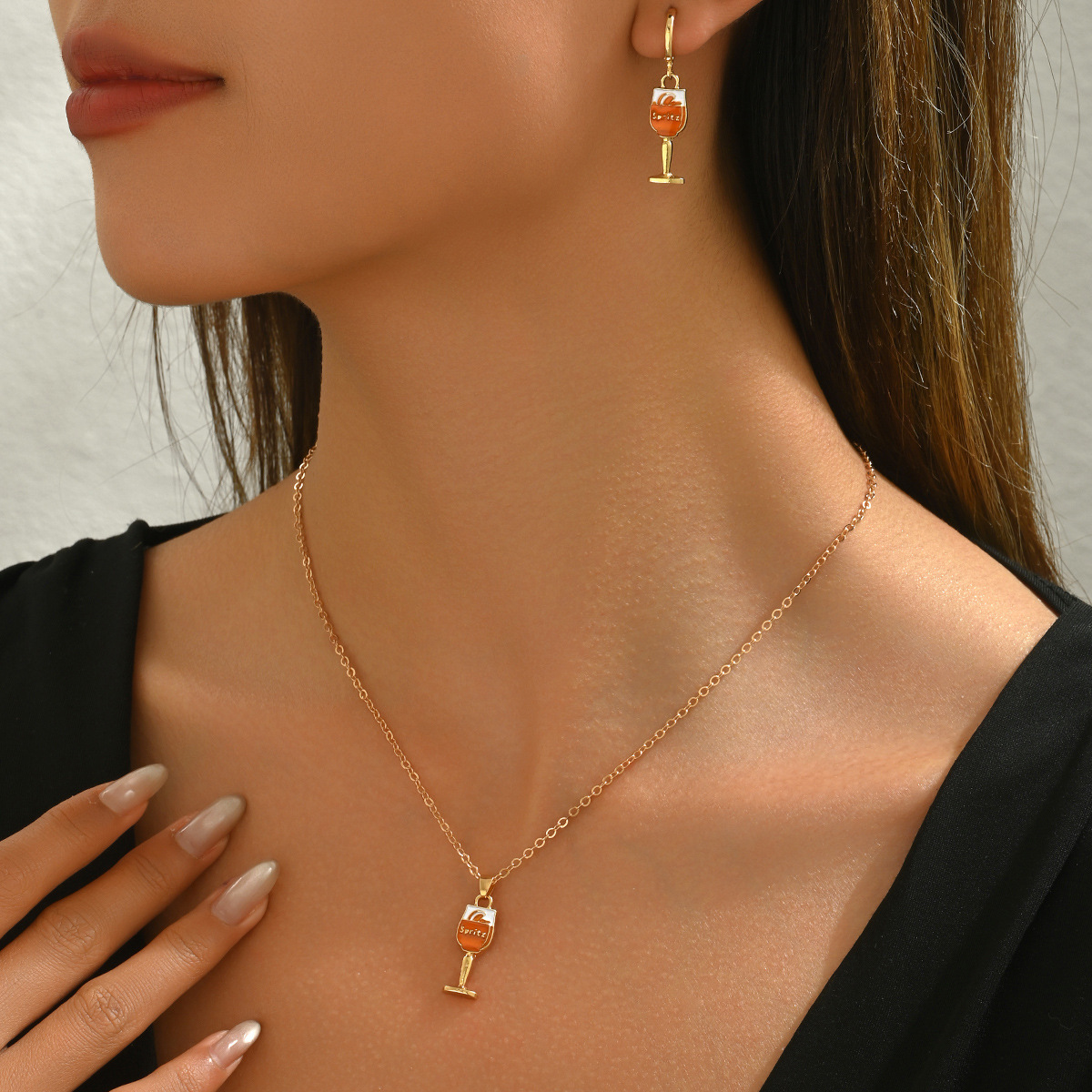 Wind Women Necklace Earring Set Personality Wine Glass Oil Drop Pendant Design Clavicle Chain Earrings