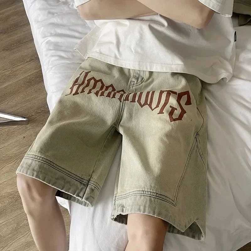 Bermuda with Text Loose Long Baggy Mens Denim Shorts with Pockets Short Jeans Pants for Men Half Wide Emo Summer Blue Vintage Buttons W250621