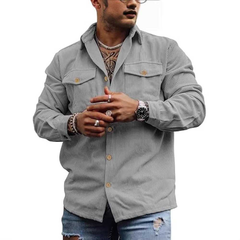 Corduroy jacket long-sleeved striped casual retro jacket with double pockets and buttons work top jacket. XJ250621