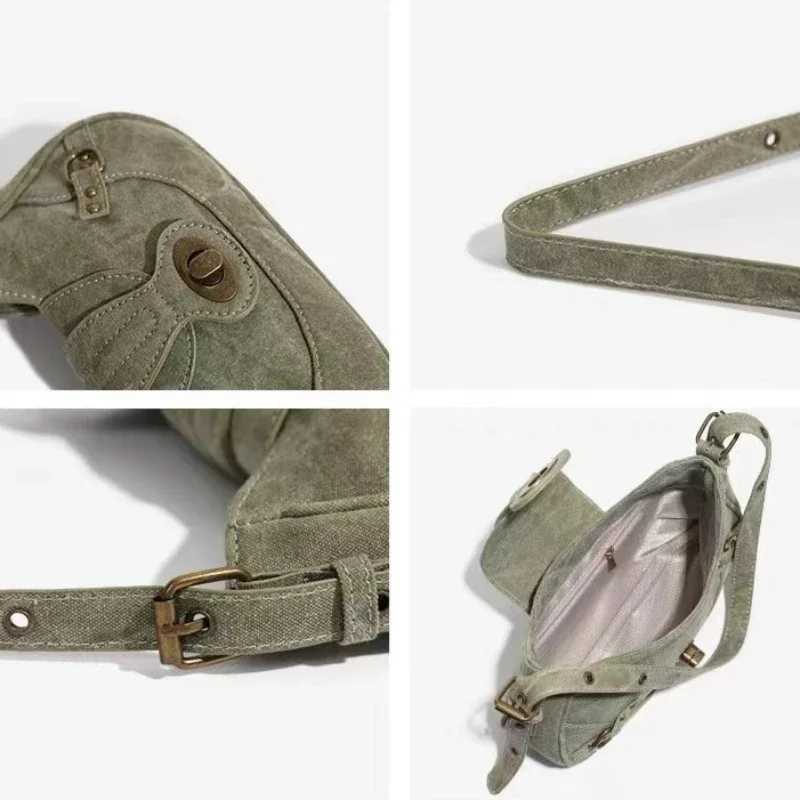 2K Vintage Shoulder Bag American Street Style Rivets Green Canvas Handbag Gothic Punk Biker Cool Designer Underarm Bag Handbag XJ250704