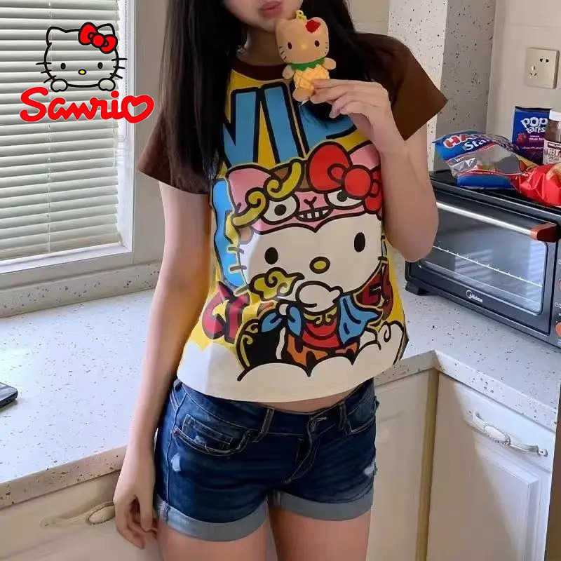 Sanrio Hello Kitty New Anime Fashion Short Tops Y2K Summer Sanrio Cute Tees Cartoon Printed High Street Gothic Short Sleeve T-Shirtsw250621