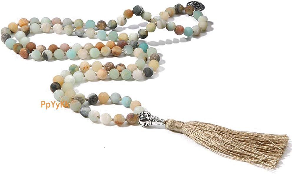 Buddhist Consecration Beads Necklace Attract Prosperity Semi-Precious Gem Stones Meditation Necklace Hand Knotted Japa Mala Beaded Tassel Necklace Pen