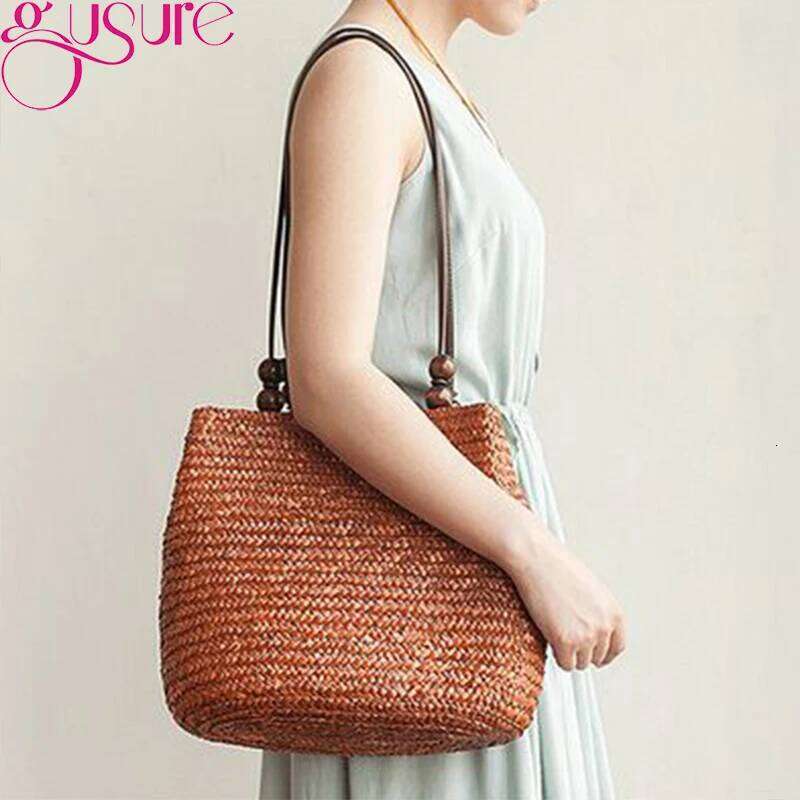 Gusure Women Fashion Straw Shoulder Bags Summer Beach Bucket Handbags For Lady Rattan Woven Casual Large Bohemia Shopping Totes
