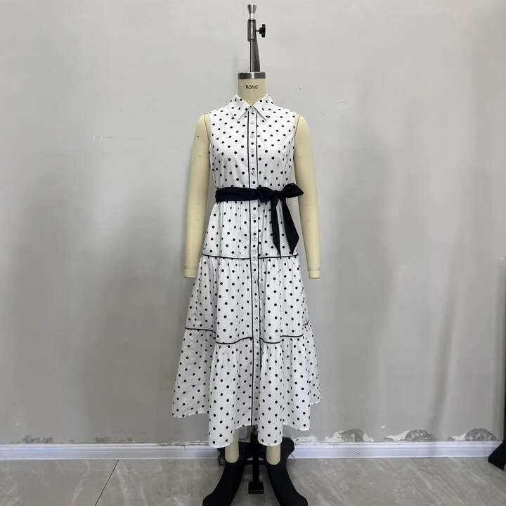 Long Dress European Style Elegant Women S Fashion Spring Summer New Sleeveless Turn Down Collar Polka Dot Dress Sexy Long Skirt
