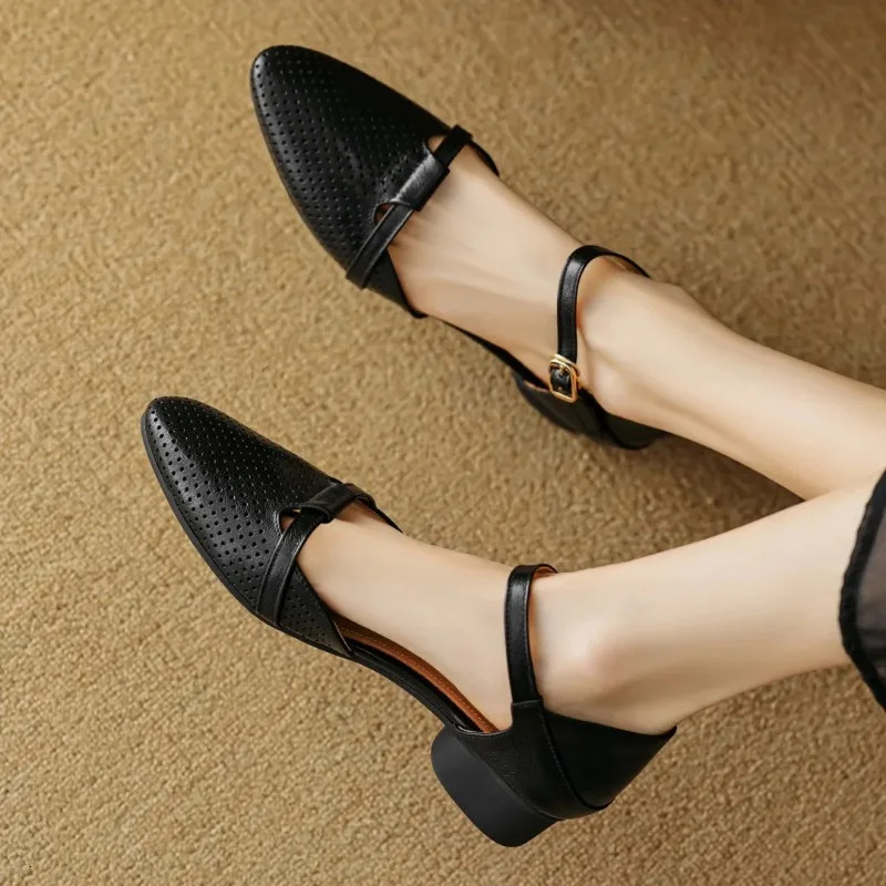 2025 womens sheepskin mix color patchwork hollow-out ankle strap flats sandals pointed toe casual summer shoe 250617