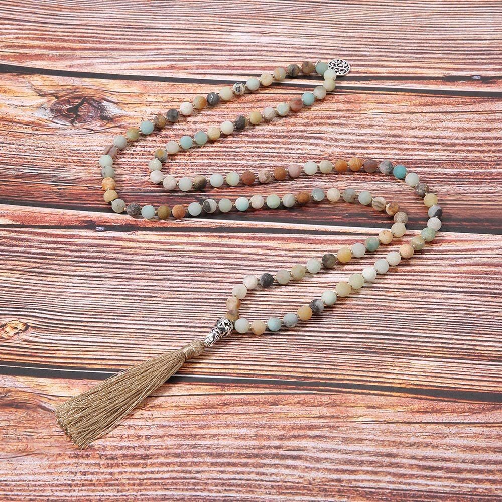 Buddhist Consecration Beads Necklace Attract Prosperity Semi-Precious Gem Stones Meditation Necklace Hand Knotted Japa Mala Beaded Tassel Necklace Pen