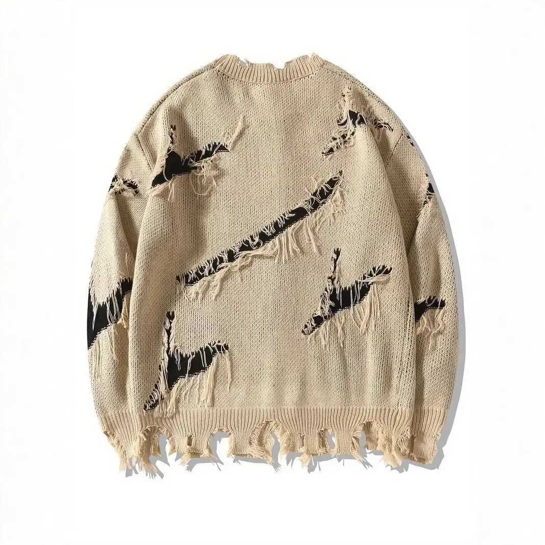 American style dark style trendy perforated letter jacquard contrasting color personalized street loose unisex sweater Z250621
